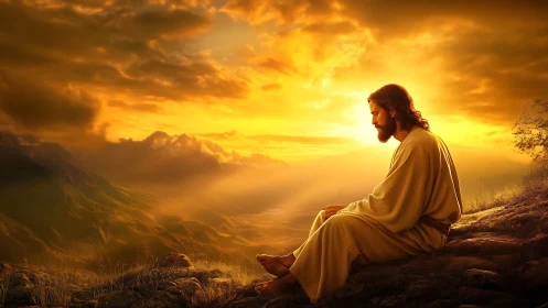 Golden sunset bathes a peaceful robed figure in quiet prayer