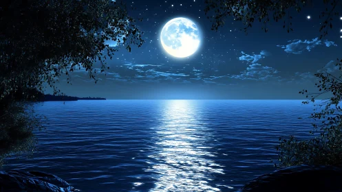 Moonlit shoreline wrapped in dreamy midnight stillness.