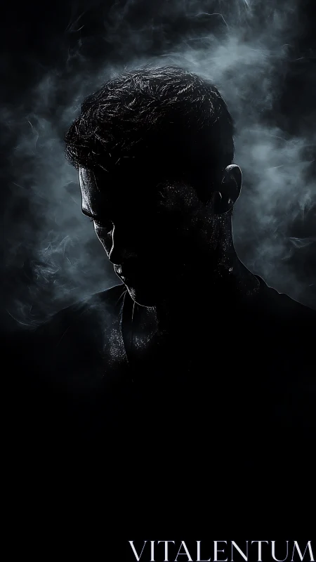 Male silhouette outlined by rim light amid dense swirling smoke