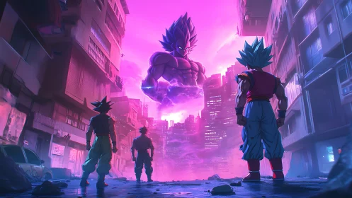 Neon-lit urban battlefield frames colossal glowing warrior apparition