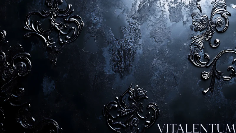 Dark decorative baroque swirls on textured black wall.