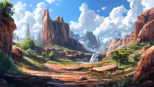 Sunlit canyon panorama reveals waterfall amid towering buttes