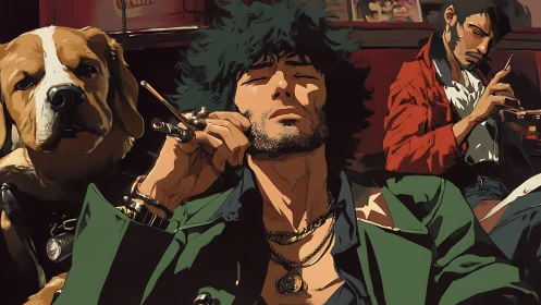 Triadic anime bar scene with cel-shaded lighting and strong chiaroscuro