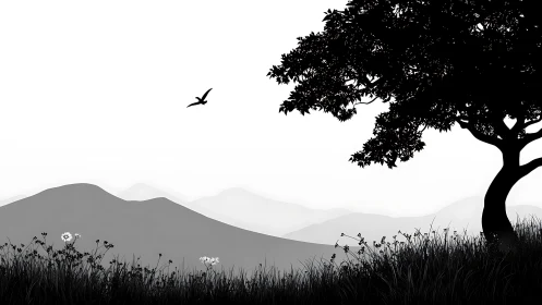 Solitary tree silhouettes calm hills beneath silent sky.