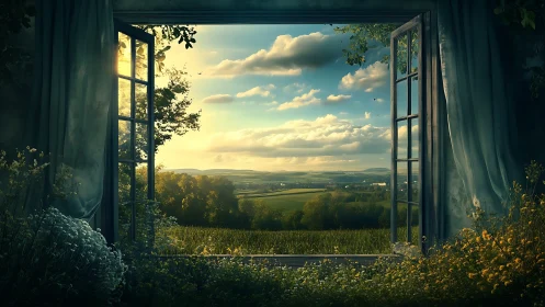 Sunlit countryside stretches beyond wide open window frame.