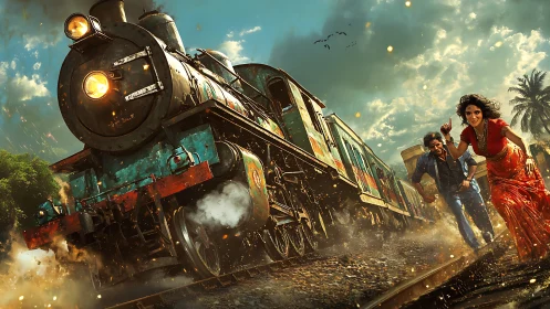 Steam locomotive passing runners on trackside ground.