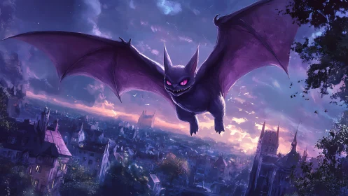 Twilight cityscape dominated by soaring purple bat creature.