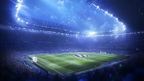 Nighttime football stadium glows under bright blue lights