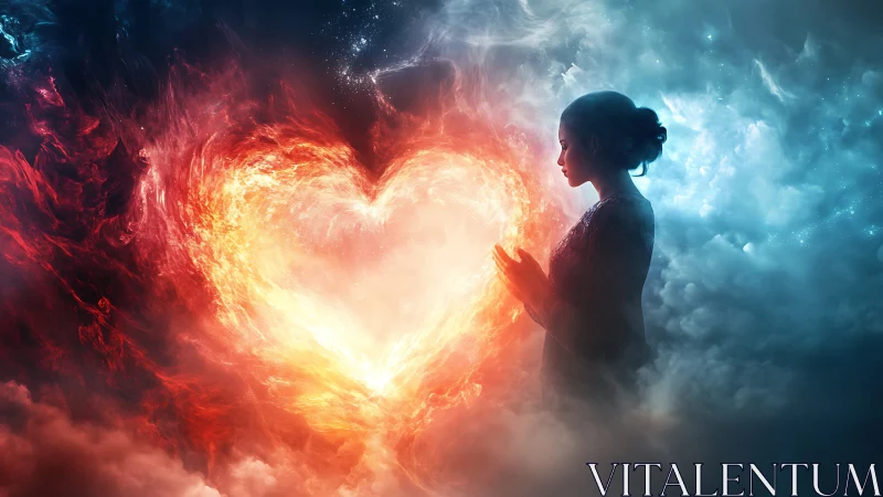 Woman Gazes at Luminous Heart Burning Across Celestial Skies