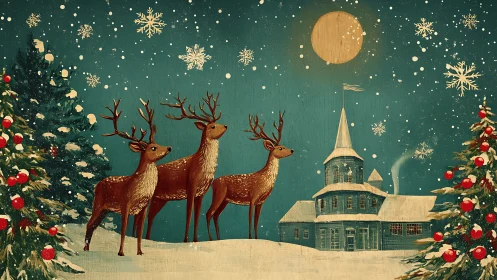 Moonlit reindeer procession before a storybook winter manor.