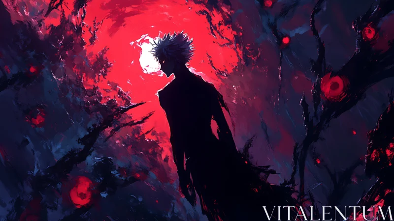 Silhouetted figure stands before red circular light source