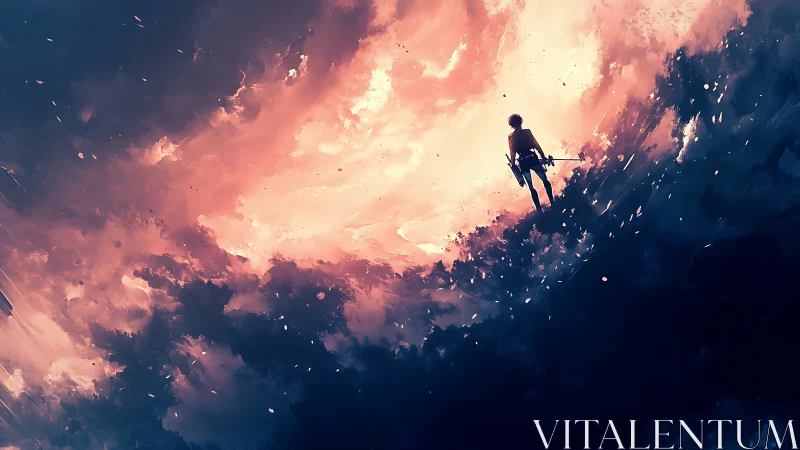 Sword-bearing dreamwalker strides along a burning sky