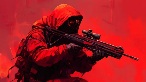 Hooded figure with scoped rifle against monochrome red field.
