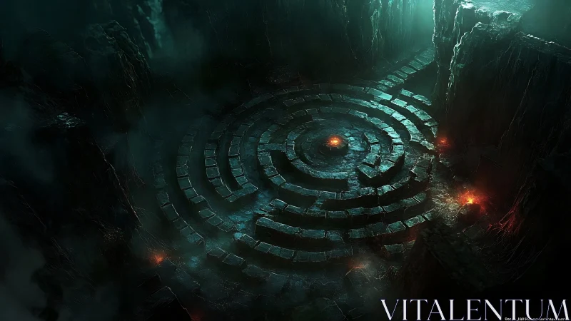 Emberlit stone labyrinth breathing in abyssal green gloom.