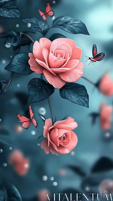 Coral Rose Bloom with Lepidopteran Companions in Blue Tonal Field.