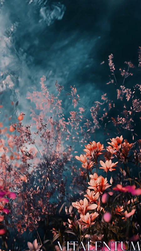 Warm-Toned Wildflower Field Under Deep Teal Atmospheric Haze