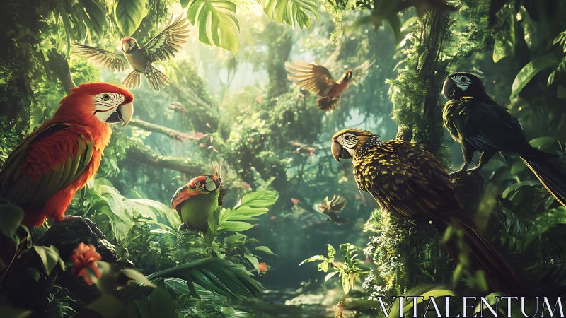 Colorful parrots crowd sunlit rainforest clearing in flight.