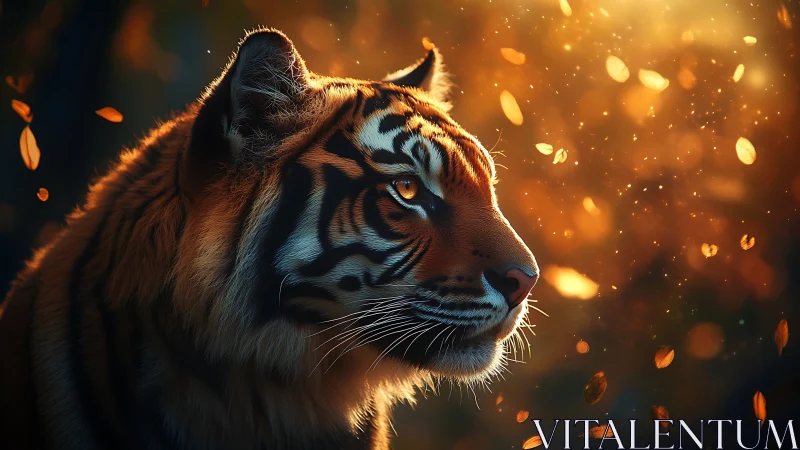 Side profile tiger stands in warm backlit forest setting