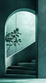 Minimal teal stairway with arch and indoor leafy plant.