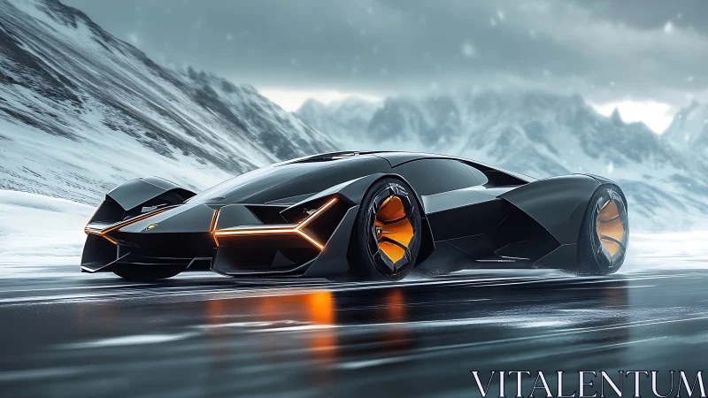 Futuristic hypercar slicing across icy mountain highway.
