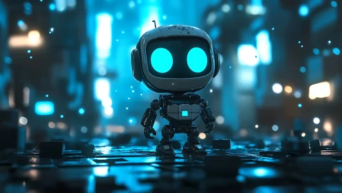 Luminescent micro-robot avatar in reflective neon alleyway.