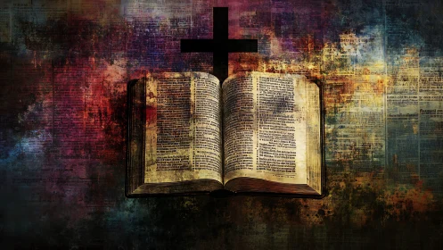 Open bible and cross are centrally positioned over textured ground