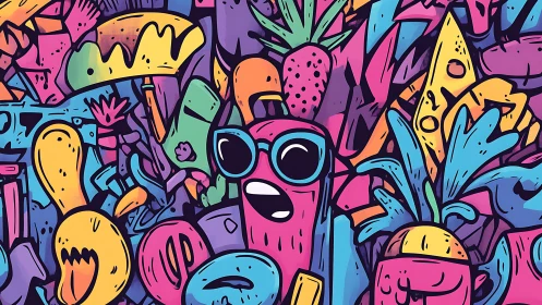 Playful cartoon food characters explode in neon color.