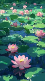 Sunlit digital lotus pond renders layered aquatic depth