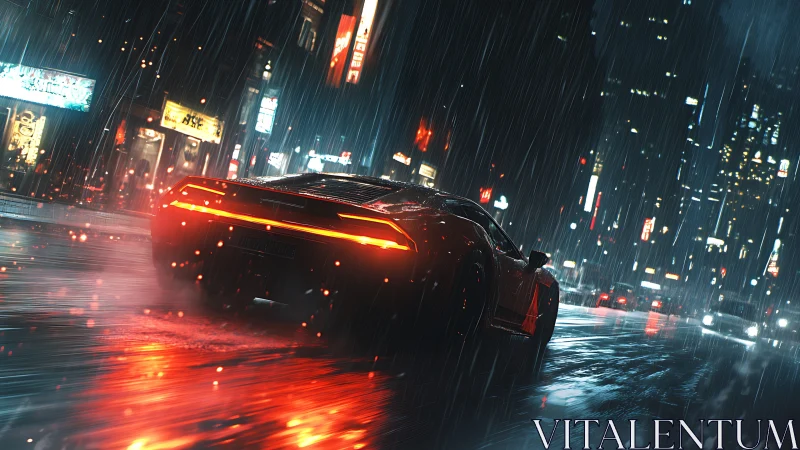 Neon rain pursuit with a cyber-sleek supercar in midnight traffic.