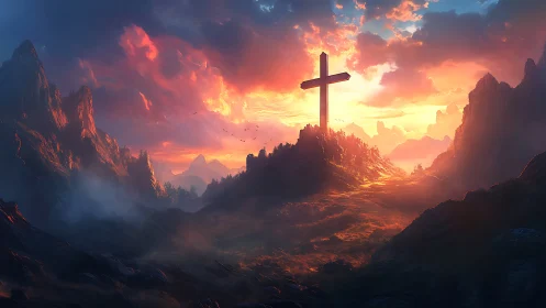 Sunlit mountain cross rises over a glowing sacred valley.
