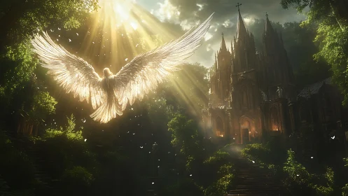 Radiant angel ascends above forest cathedral at dawn.