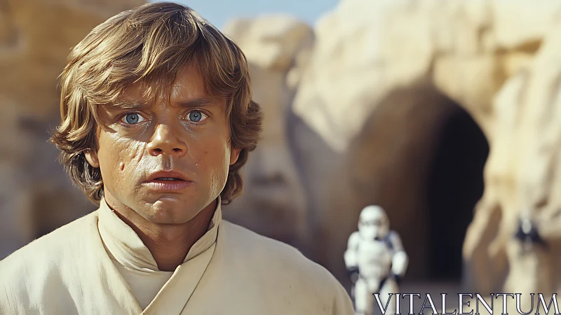 Close-up desert portrait of shocked sci-fi hero in soft focus