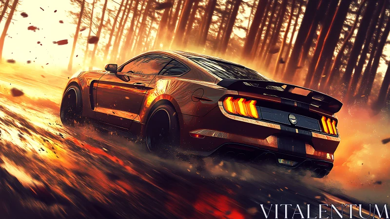 Sports coupe moves through wet forest road at sunset light