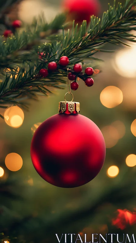 Red Christmas bauble glows amid soft festive lights.