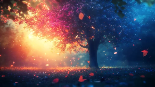 Luminous twilight tree divides warm dusk and cool night