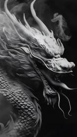 Monochrome dragon head coils through smoke in dramatic light