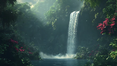 Lush jungle waterfall framed by dense foliage and mist.