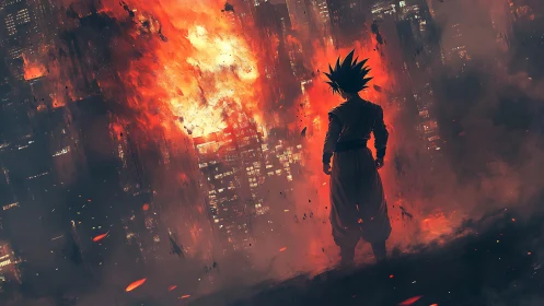 Silhouetted figure observing large urban fire at night.