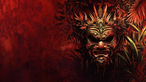 Fiery jungle mask watching from a shadowed red wall.