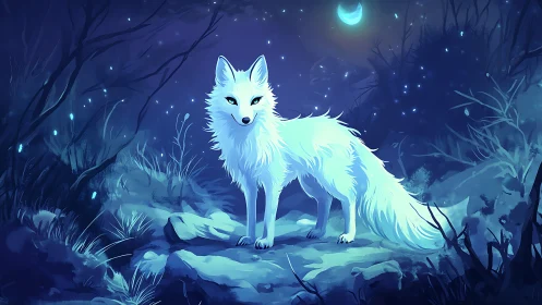 Luminous white fox stands watch beneath an enchanted moonlit sky