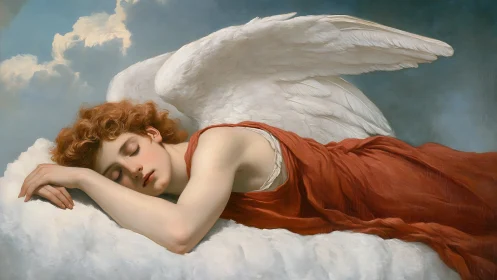 Slumbering angel drifts on clouds in rust-red reverie.