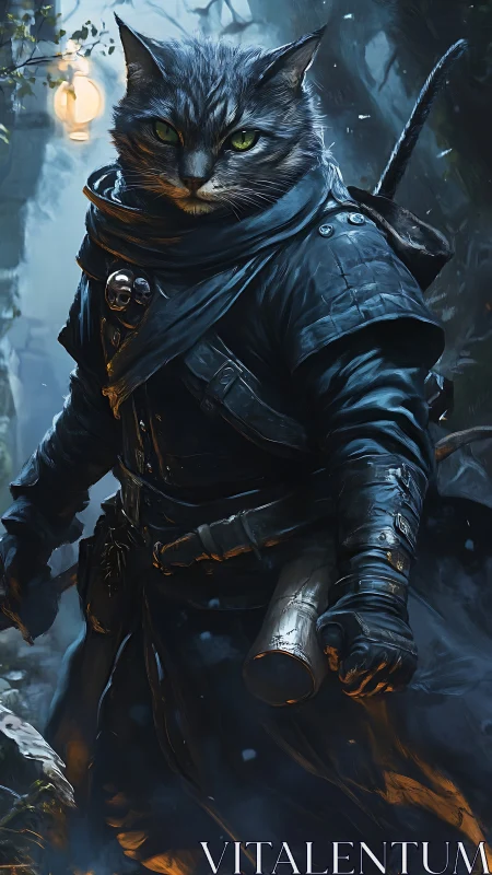 Armored feline rogue in misty forest, high-detail digital rendering