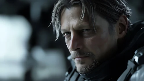 Weathered spacefarer holding quiet resolve in his gaze.