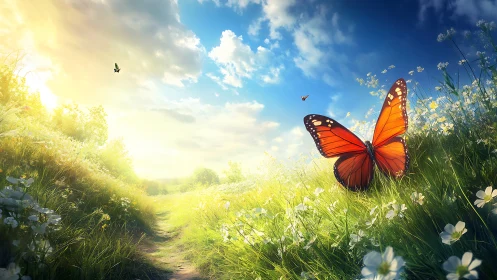 Monarch butterfly glows above sunlit wildflower meadow