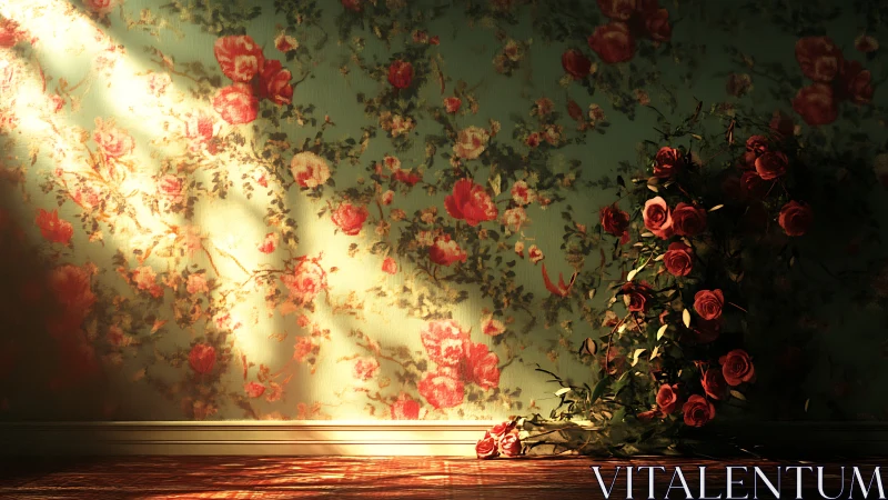 Sunlit floral wallpaper meets climbing red rose bouquet