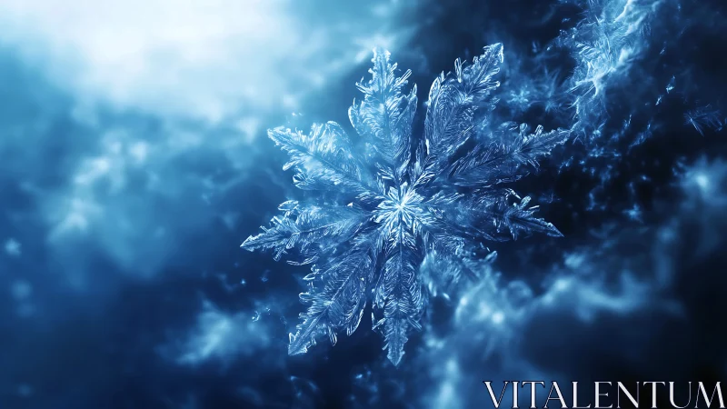 Glistening winter snowflake floating in a dreamy blue glow.