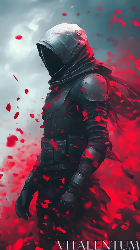 Hooded combatant in red particle vortex under storm sky.
