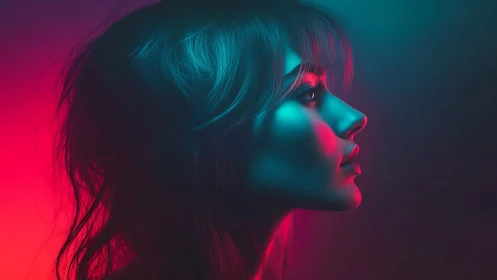 Neon side profile portrait isolates female face in duotone glow