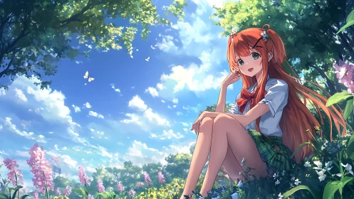 Red haired schoolgirl resting in bright summer garden.