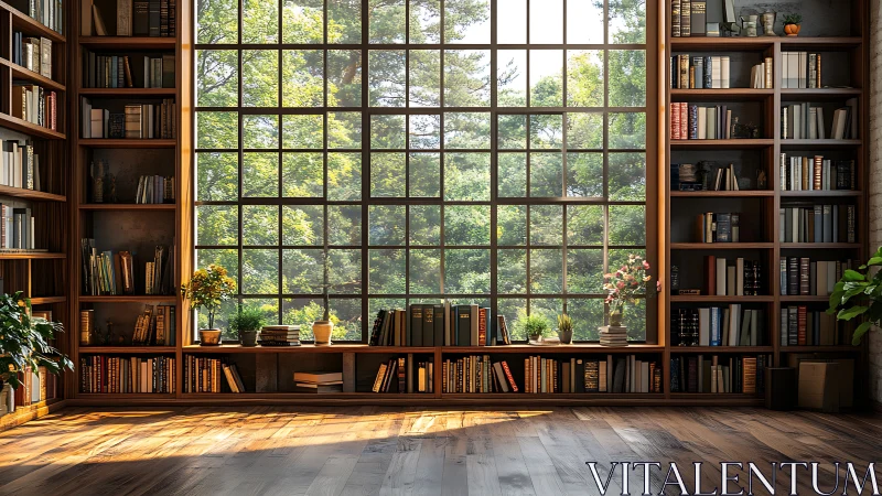 Library wall with large grid window overlooking green trees.